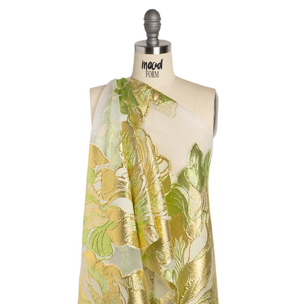 Metallic Lime, Gold and White Fantastic Flowers Luxury Burnout Brocade - Detail