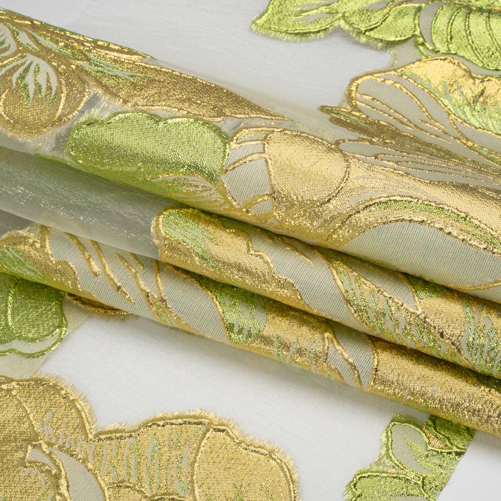 Metallic Lime, Gold and White Fantastic Flowers Luxury Burnout Brocade - Full
