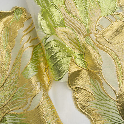 Metallic Lime, Gold and White Fantastic Flowers Luxury Burnout Brocade