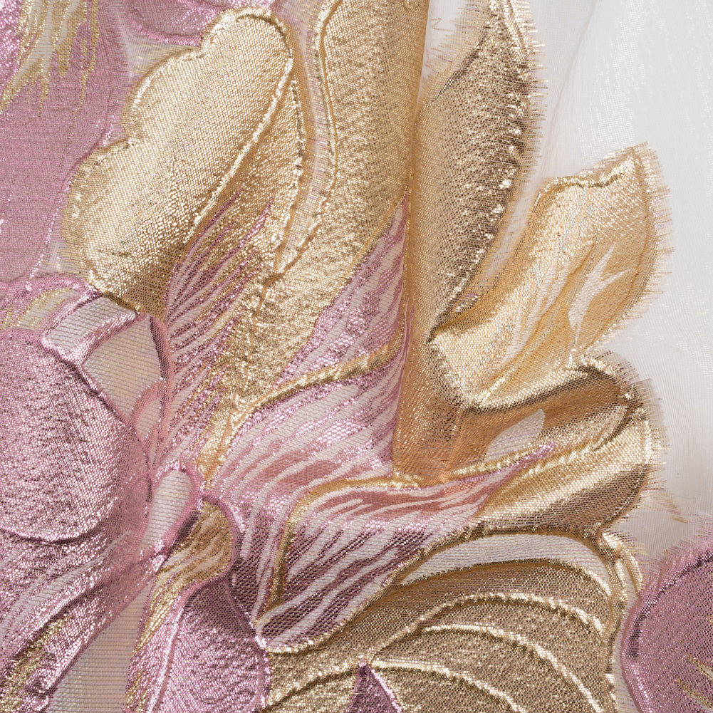 Metallic Pink, Gold and White Fantastic Flowers Luxury Burnout Brocade