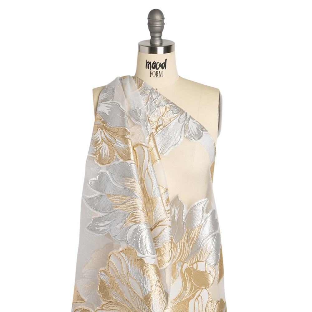 Metallic Gold, Silver and White Fantastic Flowers Luxury Burnout Brocade - Detail