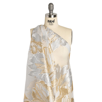 Metallic Gold, Silver and White Fantastic Flowers Luxury Burnout Brocade - Detail