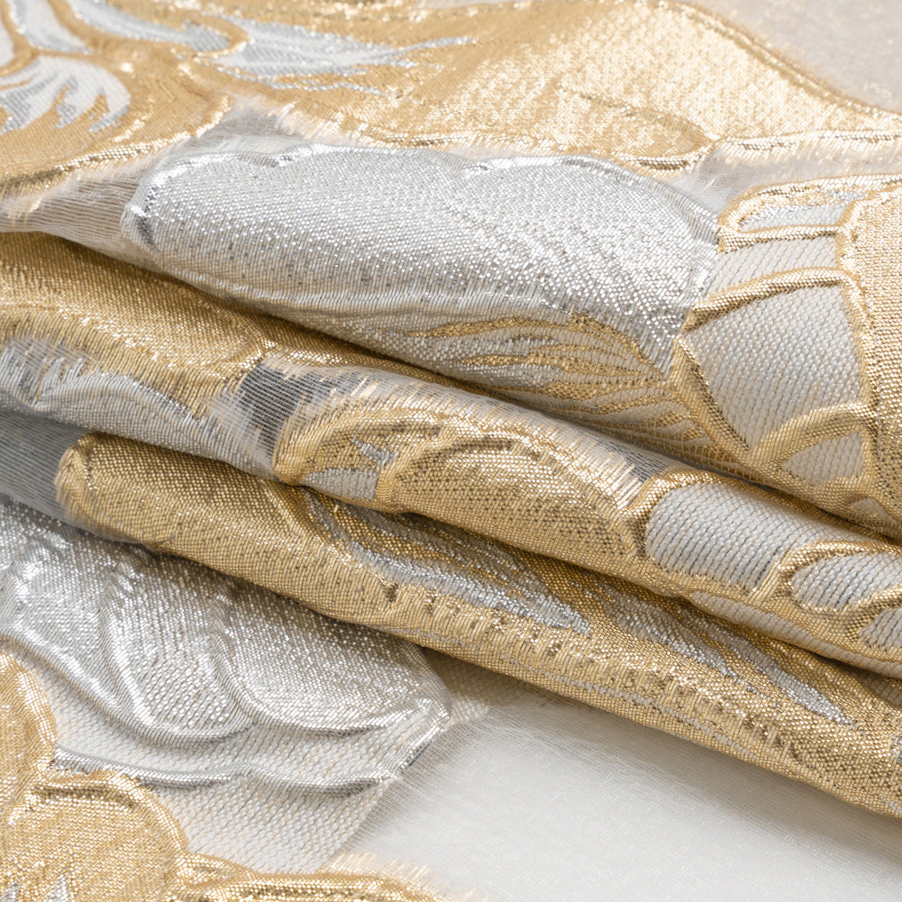 Metallic Gold, Silver and White Fantastic Flowers Luxury Burnout Brocade - Full