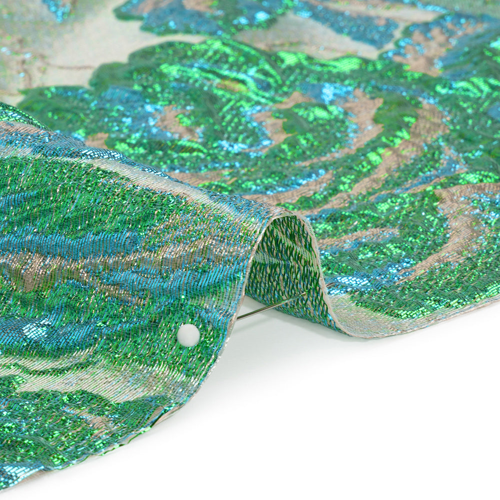 Metallic Green, Blue and Pale Gold Radiant Roses Luxury Brocade - Folded