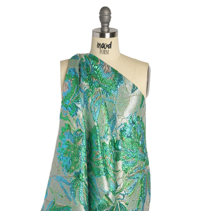 Metallic Green, Blue and Pale Gold Radiant Roses Luxury Brocade - Detail