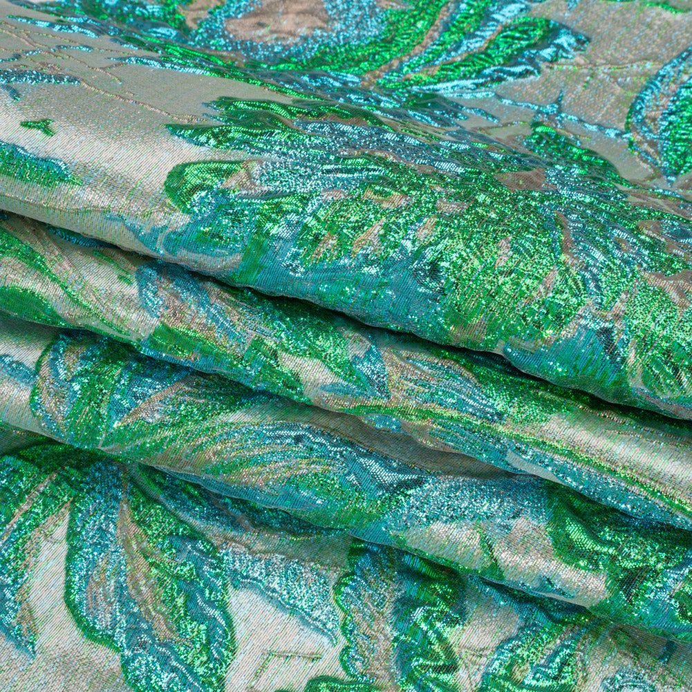 Metallic Green, Blue and Pale Gold Radiant Roses Luxury Brocade - Full