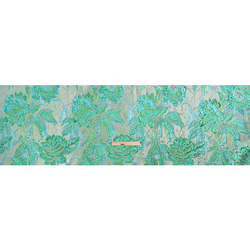 Metallic Green, Blue and Pale Gold Radiant Roses Luxury Brocade - Drape