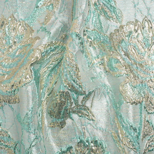 Metallic Light Blue, Gold and Aqua Radiant Roses Luxury Brocade