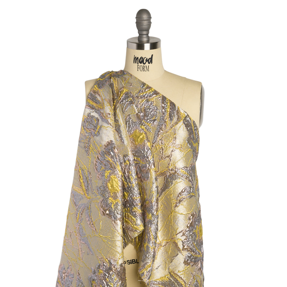 Metallic Pale Blue, Yellow and Rose Gold Radiant Roses Luxury Brocade Detail