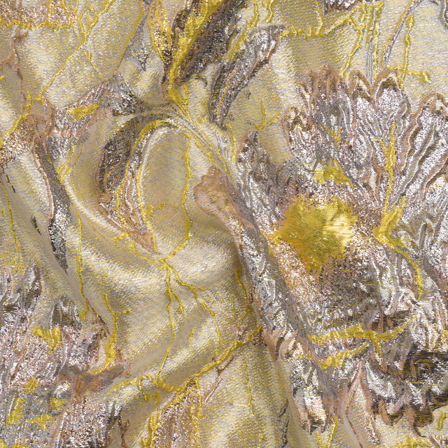 Metallic Pale Blue, Yellow and Rose Gold Radiant Roses Luxury Brocade
