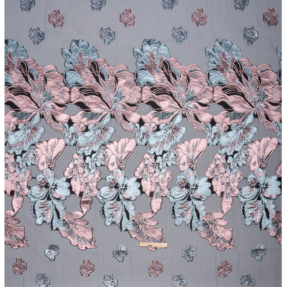 Metallic Pink, Baby Blue and Black Floral Luxury Burnout Brocade Panel - Drape
