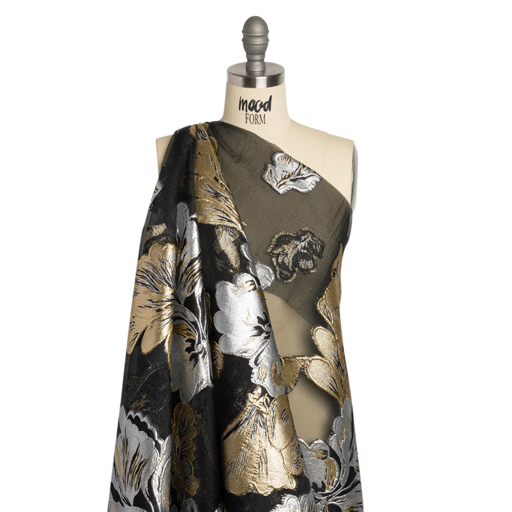 Metallic Gold, Silver and Black Floral Luxury Burnout Brocade Panel - Detail