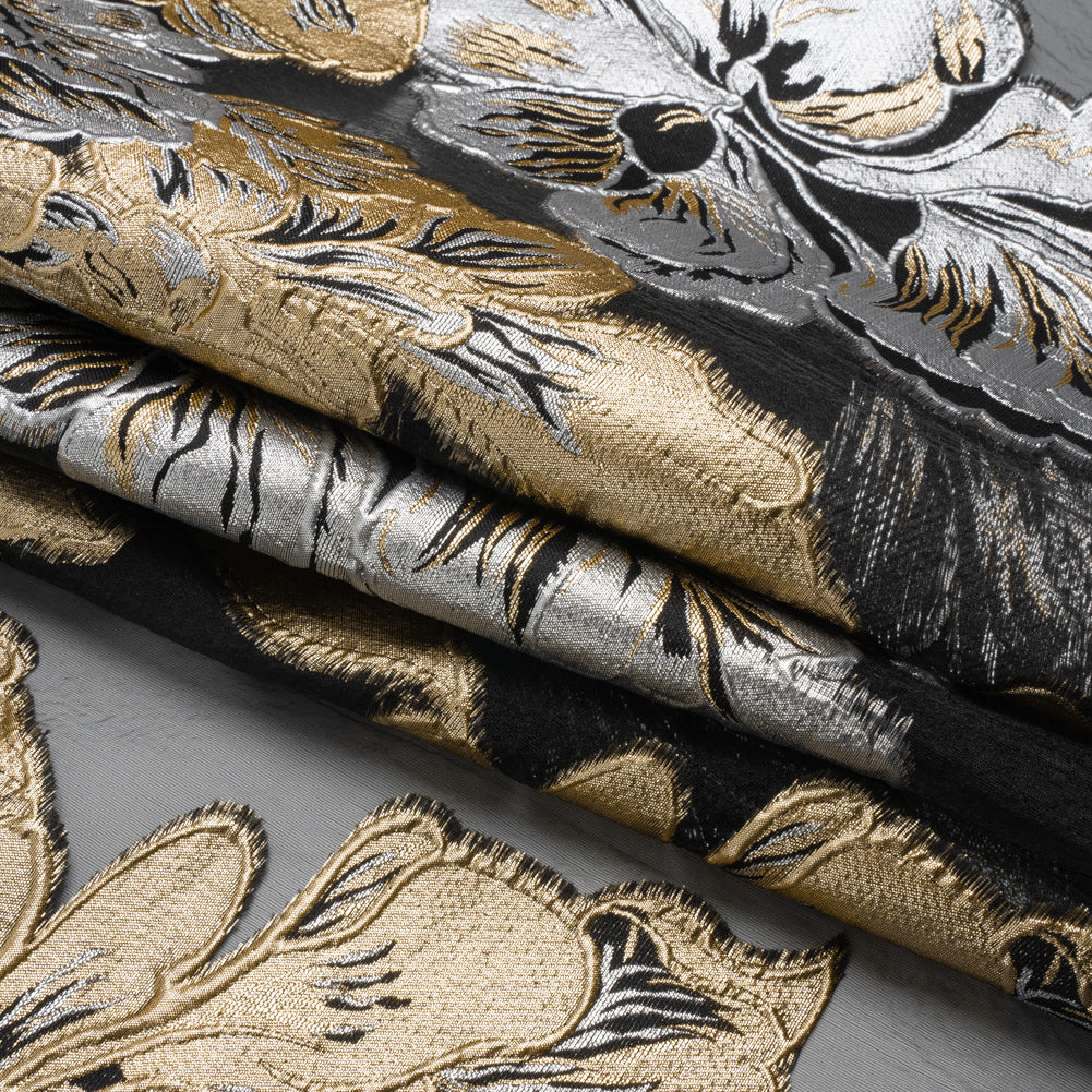 Metallic Gold, Silver and Black Floral Luxury Burnout Brocade Panel - Full