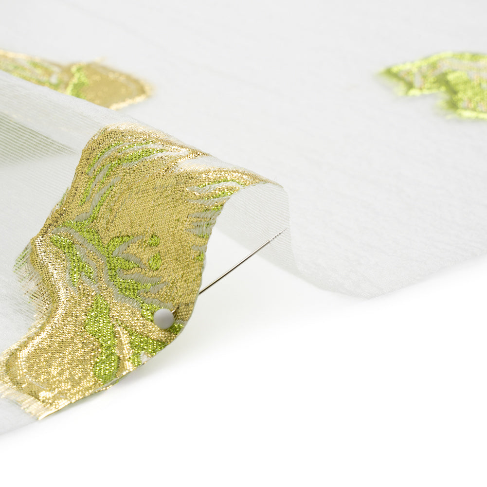 Metallic Gold, Lime and White Floral Luxury Burnout Brocade Panel Folded
