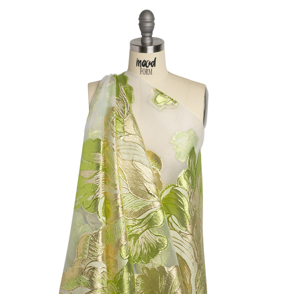 Metallic Gold, Lime and White Floral Luxury Burnout Brocade Panel Detail