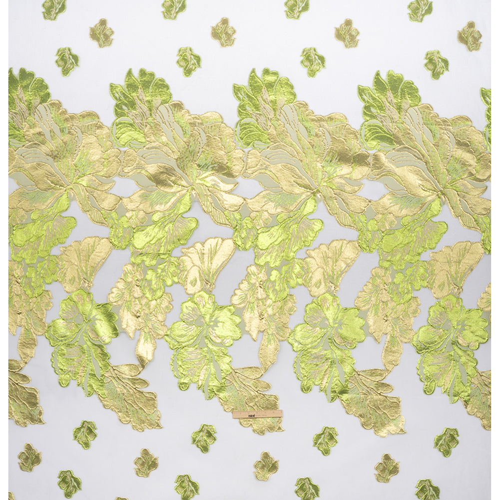 Metallic Gold, Lime and White Floral Luxury Burnout Brocade Panel Drape