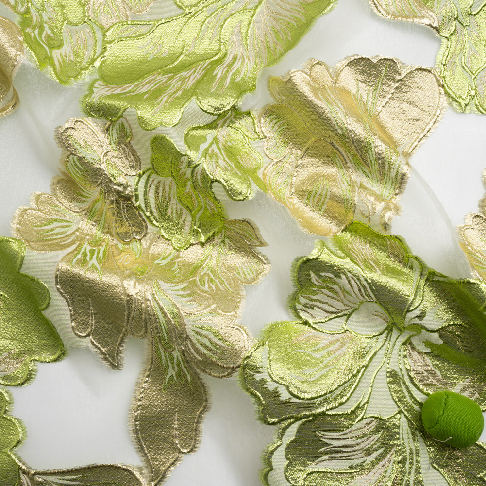 Metallic Gold, Lime and White Floral Luxury Burnout Brocade Panel