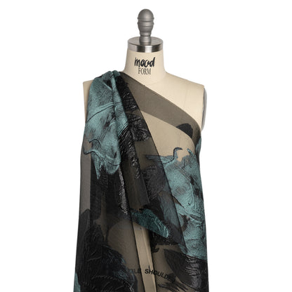 Metallic Black and Steel Blue Big Florals Luxury Burnout Brocade Detail