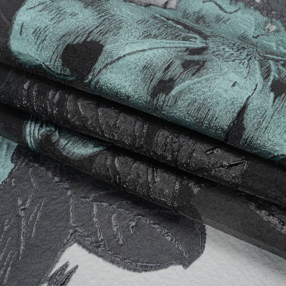 Metallic Black and Steel Blue Big Florals Luxury Burnout Brocade Full
