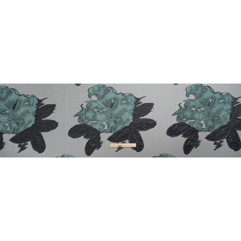 Metallic Black and Steel Blue Big Florals Luxury Burnout Brocade Drape