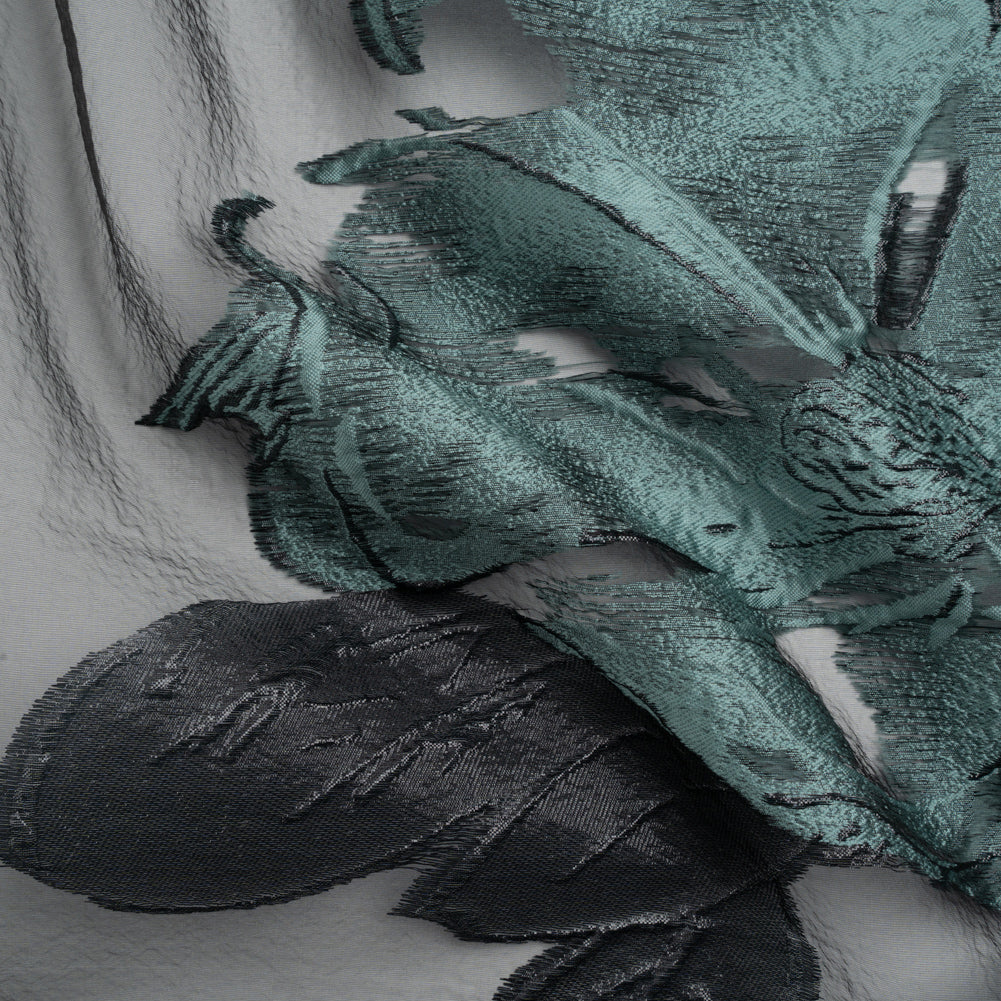 Metallic Black and Steel Blue Big Florals Luxury Burnout Brocade