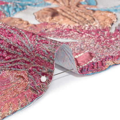 Metallic Hot Pink, Blue and Peach Blooms Luxury Brocade Folded