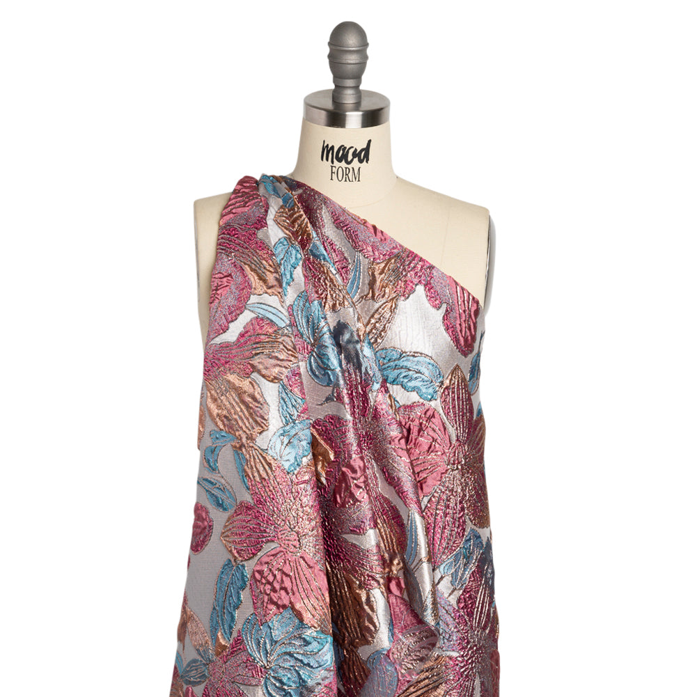 Metallic Hot Pink, Blue and Peach Blooms Luxury Brocade Detail