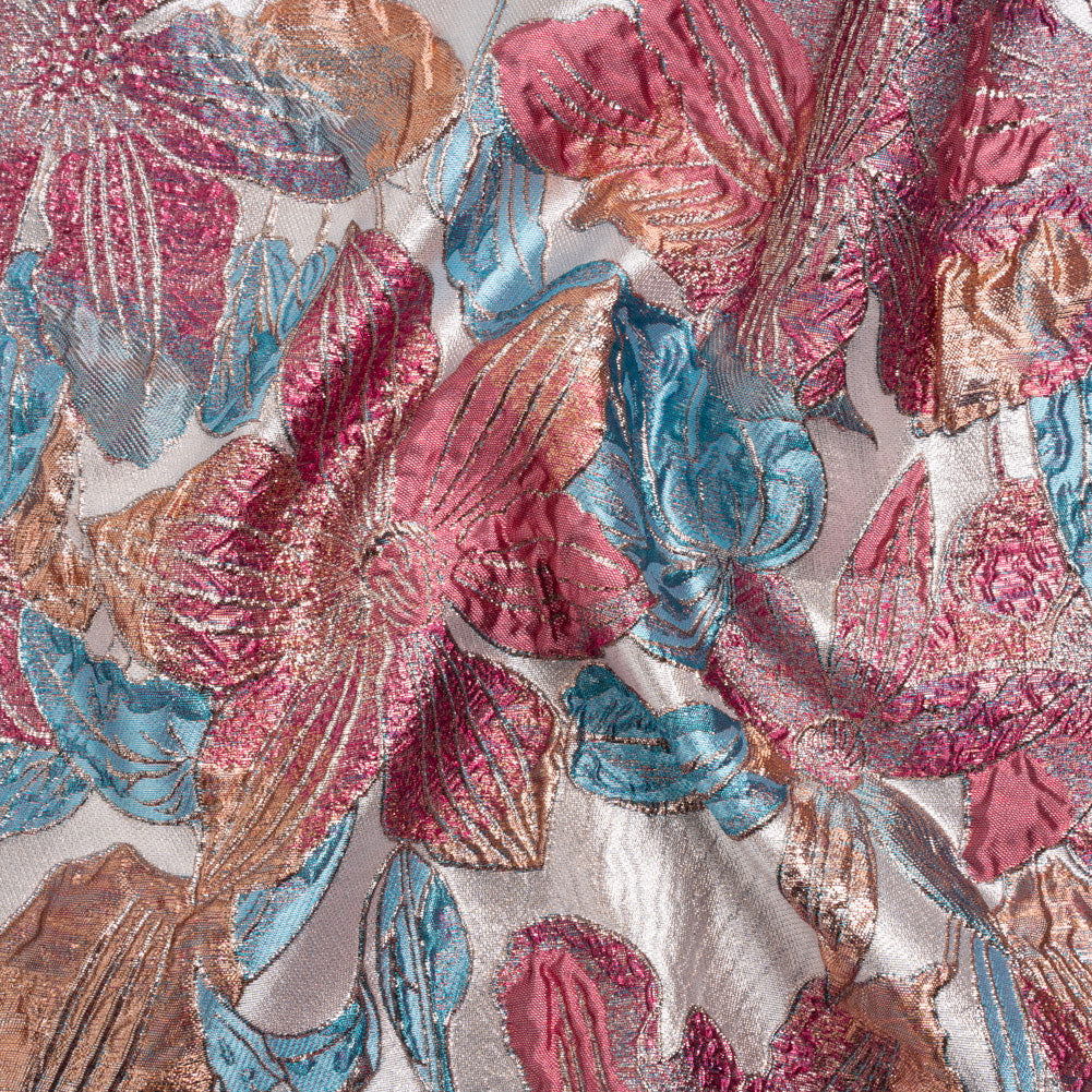 Metallic Hot Pink, Blue and Peach Blooms Luxury Brocade