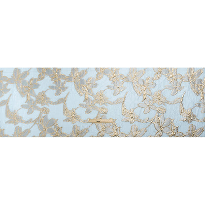 Metallic Gold and Sky Blue Floating Flowers Luxury Burnout Brocade - Drape