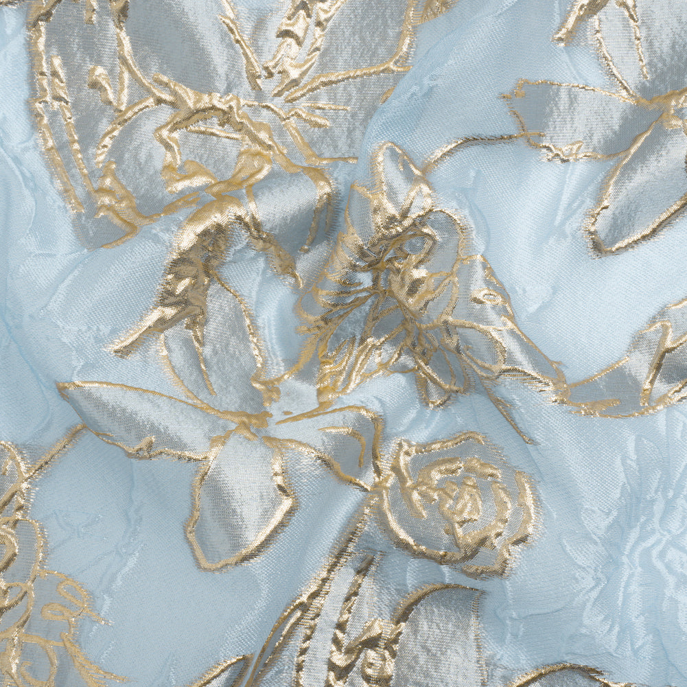 Metallic Gold and Sky Blue Floating Flowers Luxury Burnout Brocade