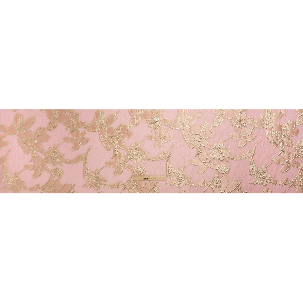 Metallic Gold and Pink Floating Flowers Luxury Burnout Brocade Drape