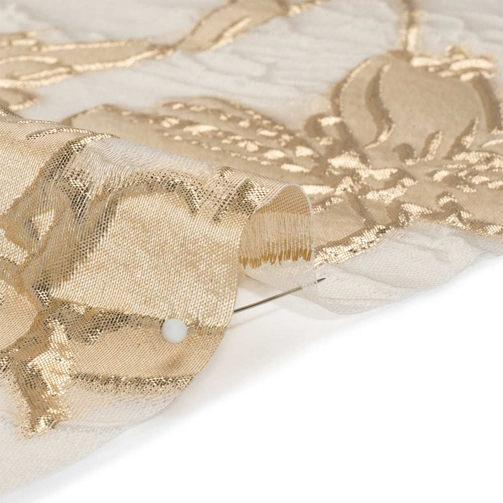 Metallic Gold and Gilded Beige Floating Flowers Luxury Burnout Brocade - Folded