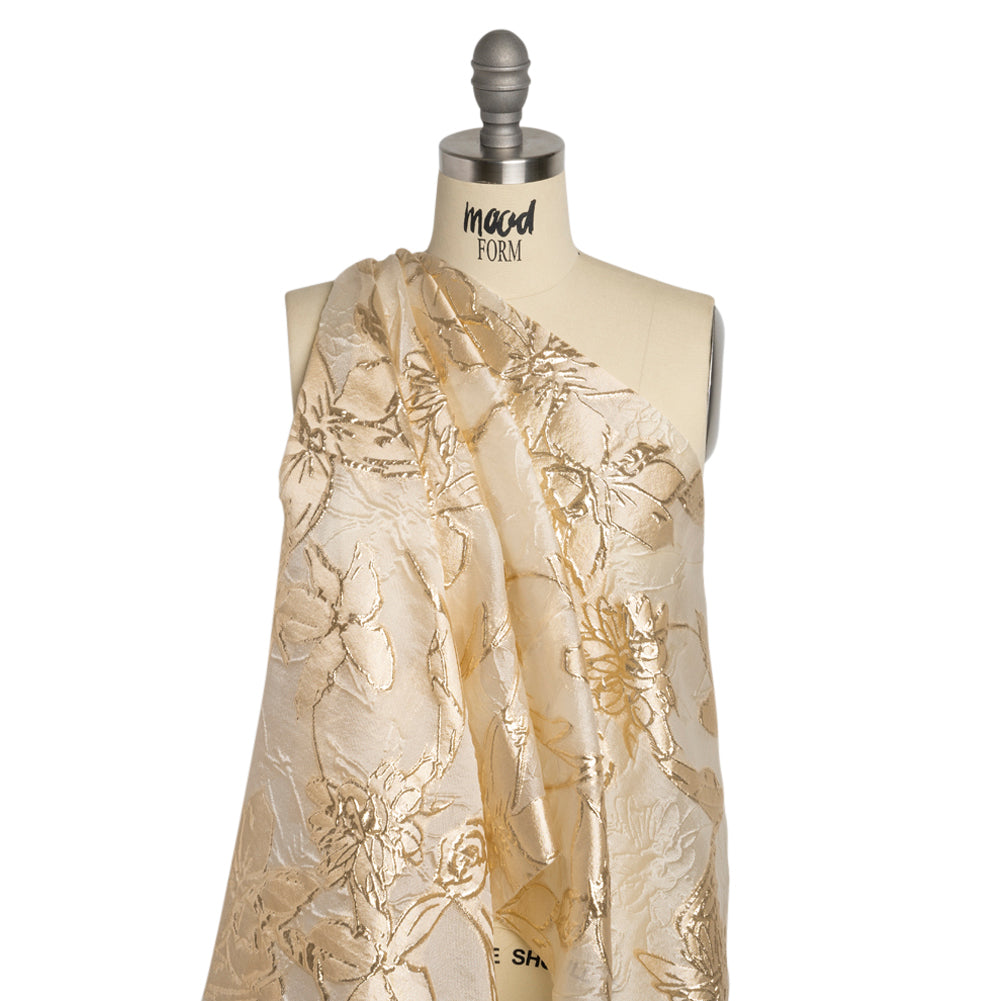 Metallic Gold and Gilded Beige Floating Flowers Luxury Burnout Brocade - Detail
