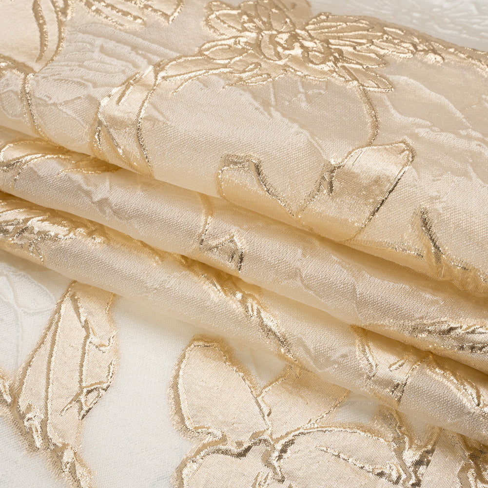 Metallic Gold and Gilded Beige Floating Flowers Luxury Burnout Brocade - Full