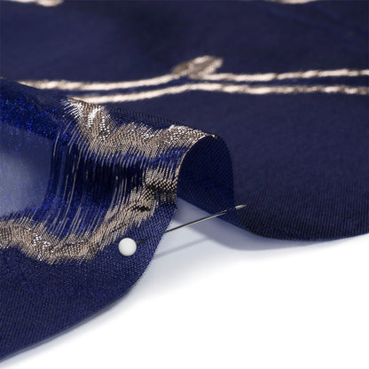Metallic Silver and Navy Abstract Embers Luxury Burnout Brocade - Folded