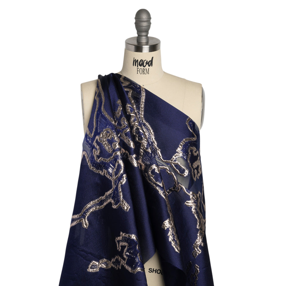 Metallic Silver and Navy Abstract Embers Luxury Burnout Brocade - Detail