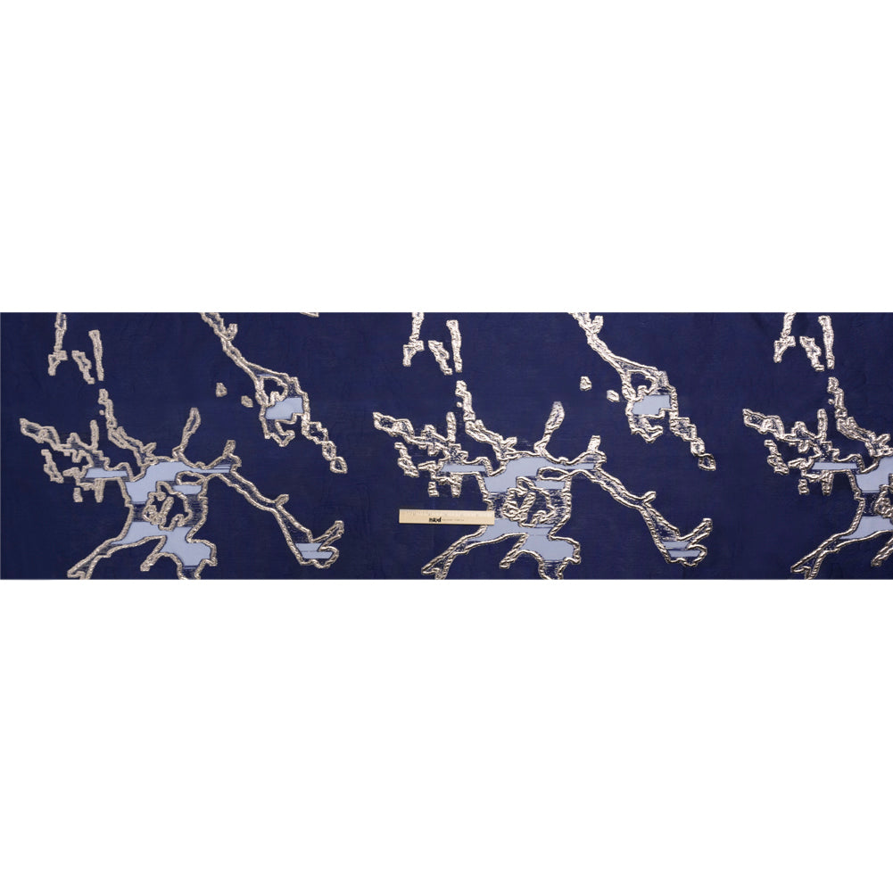 Metallic Silver and Navy Abstract Embers Luxury Burnout Brocade - Drape