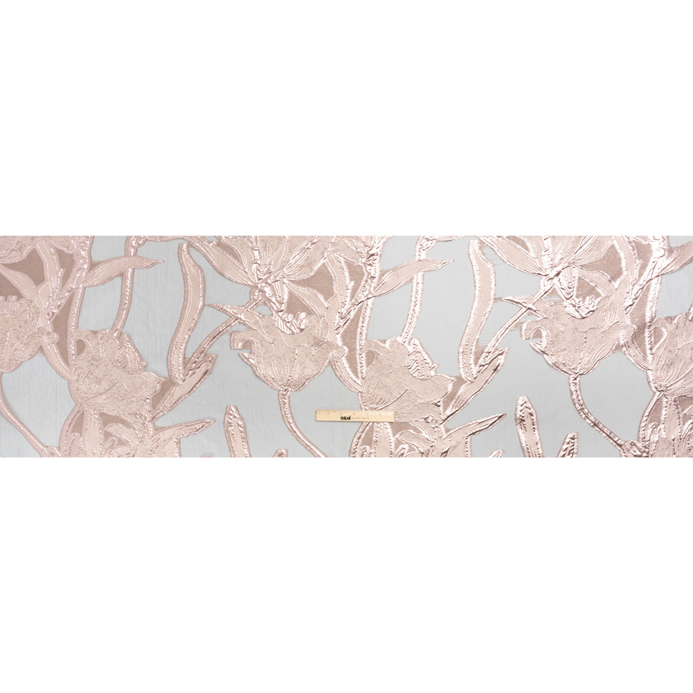 Metallic Rose Gold and Black Twirling Tulips Luxury Burnout Brocade - Drape