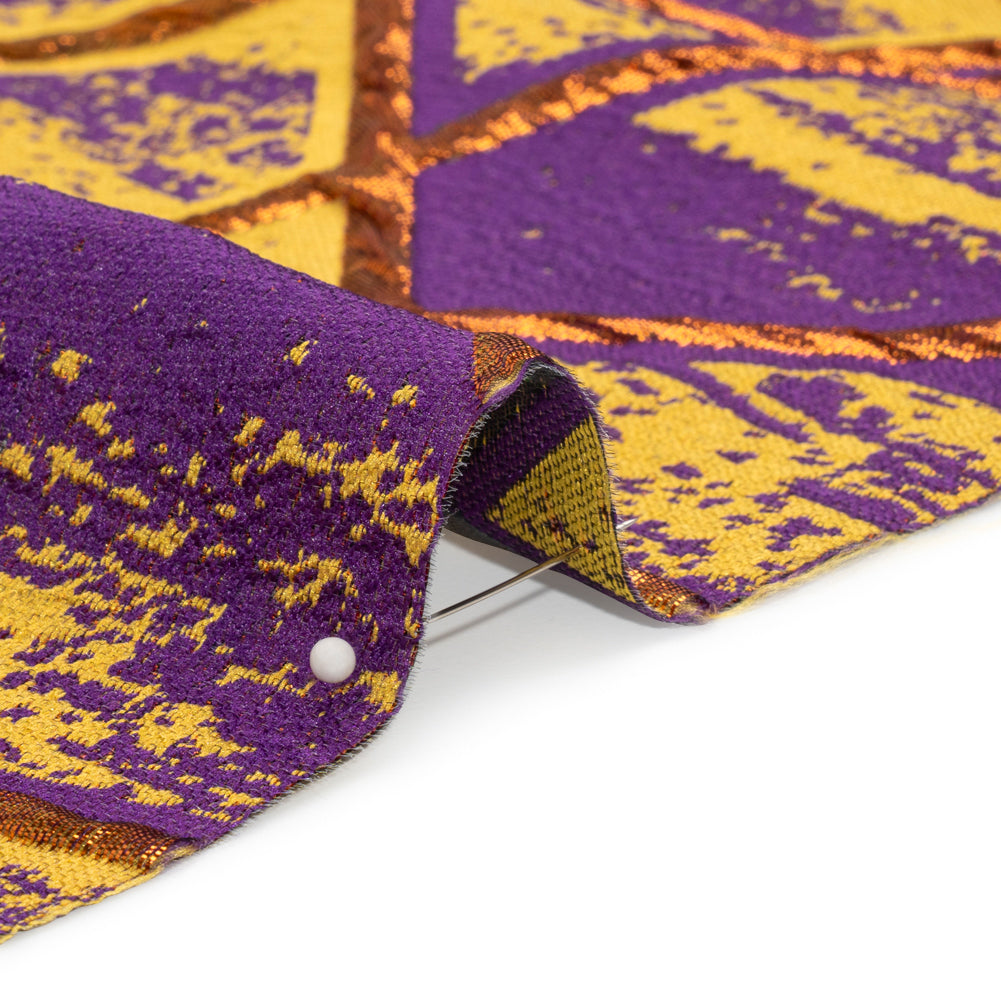 Metallic Copper, Mustard and Purple Geometric Distress Luxury Brocade - Folded