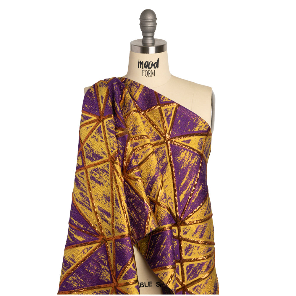 Metallic Copper, Mustard and Purple Geometric Distress Luxury Brocade - Detail