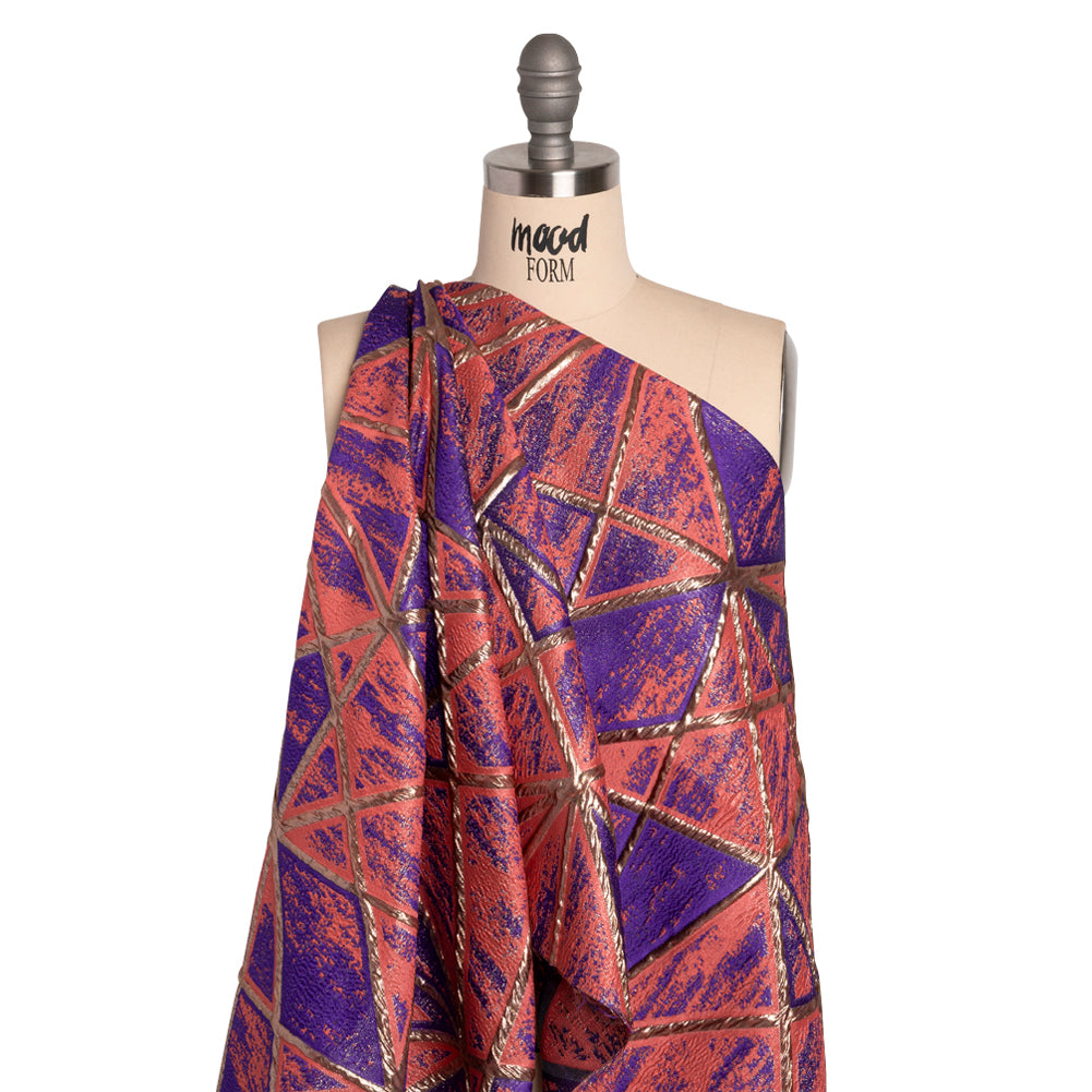 Metallic Gold, Light Red and Purple Geometric Distress Luxury Brocade Detail