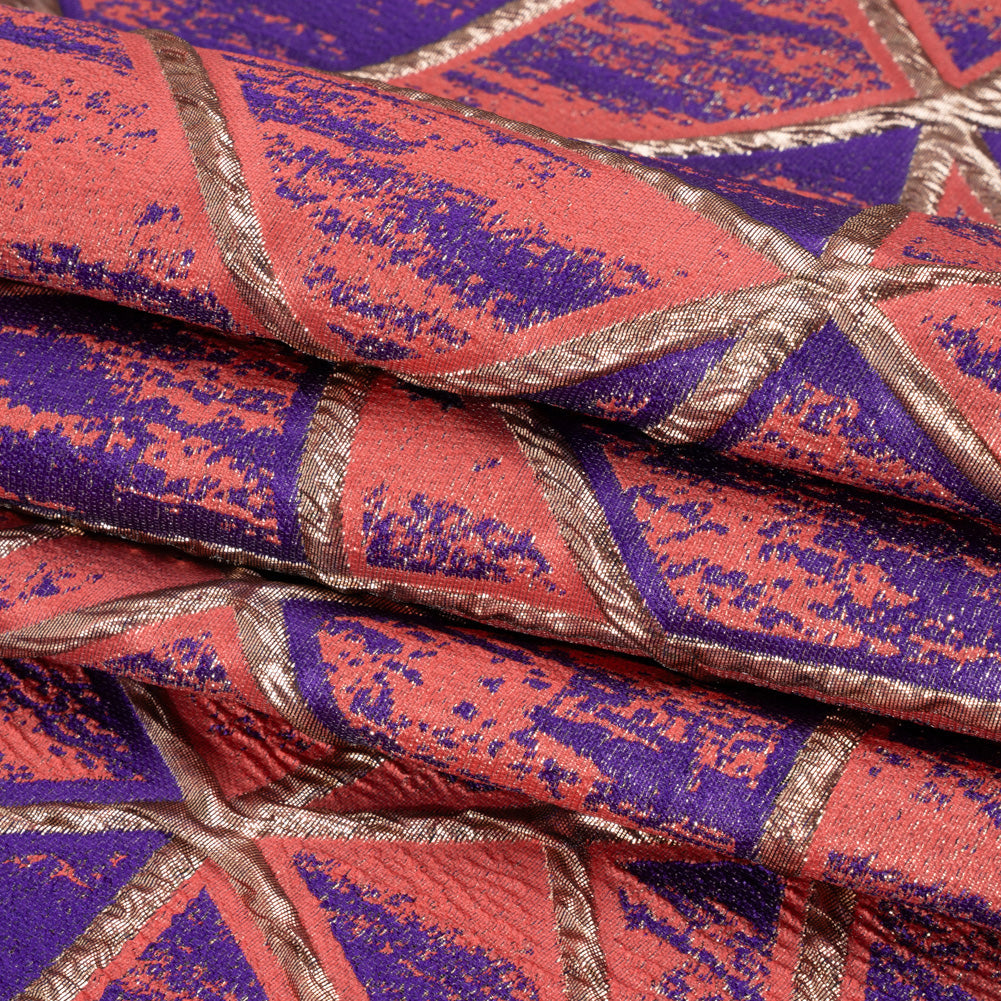 Metallic Gold, Light Red and Purple Geometric Distress Luxury Brocade Full