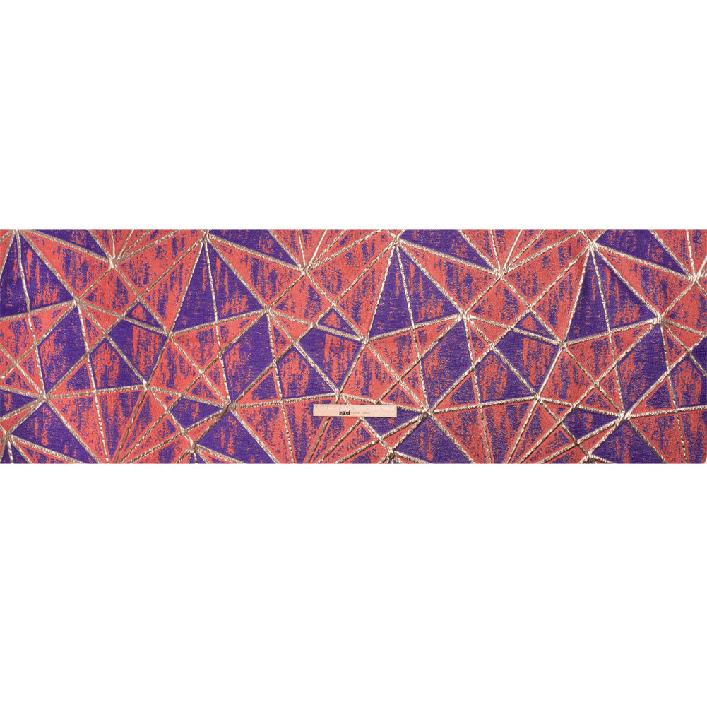 Metallic Gold, Light Red and Purple Geometric Distress Luxury Brocade Drape