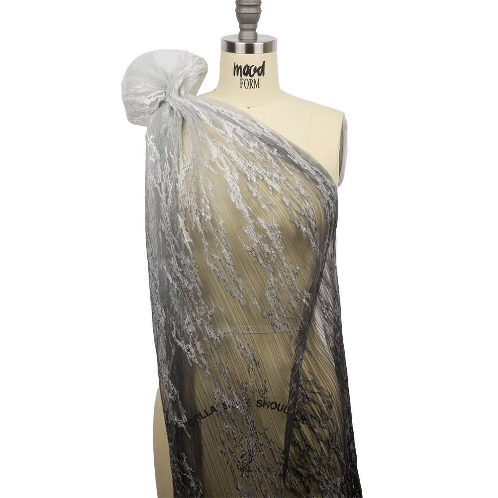 Sequoia Black, Gray and White Ombre Abstract Embroidered and Sequined Soft Pleated Tulle - Detail
