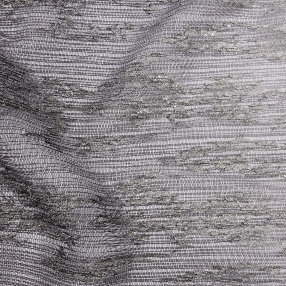 Sequoia Black, Gray and White Ombre Abstract Embroidered and Sequined Soft Pleated Tulle