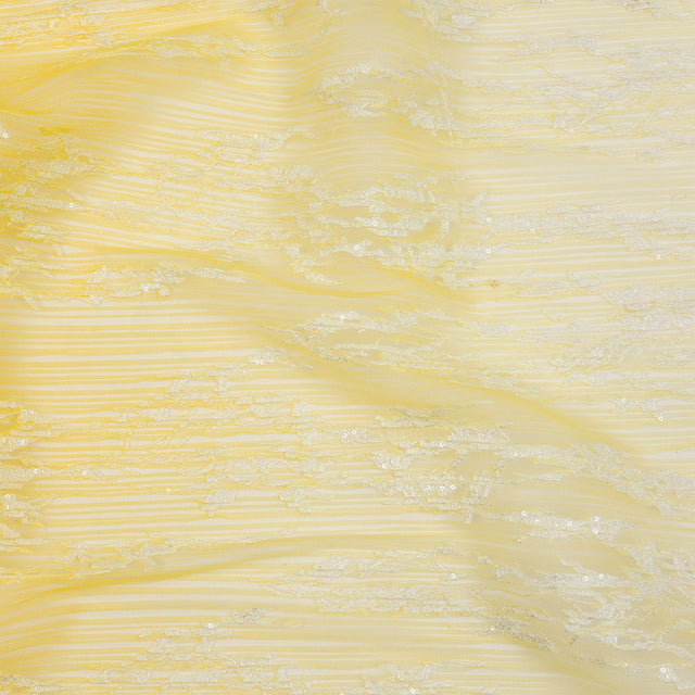 Sequoia White and Lemon Ombre Abstract Embroidered and Sequined Soft Pleated Tulle