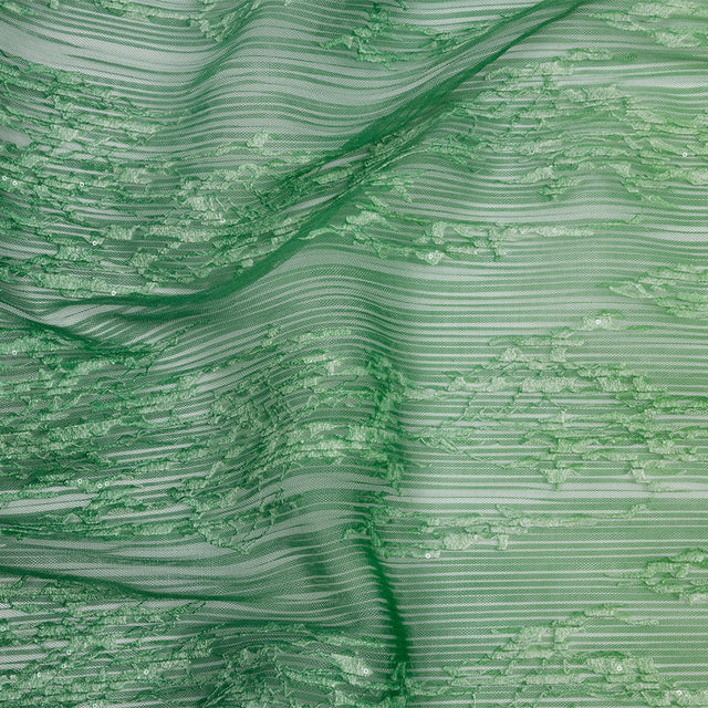 Sequoia Mint, Green and White Ombre Abstract Embroidered and Sequined Soft Pleated Tulle