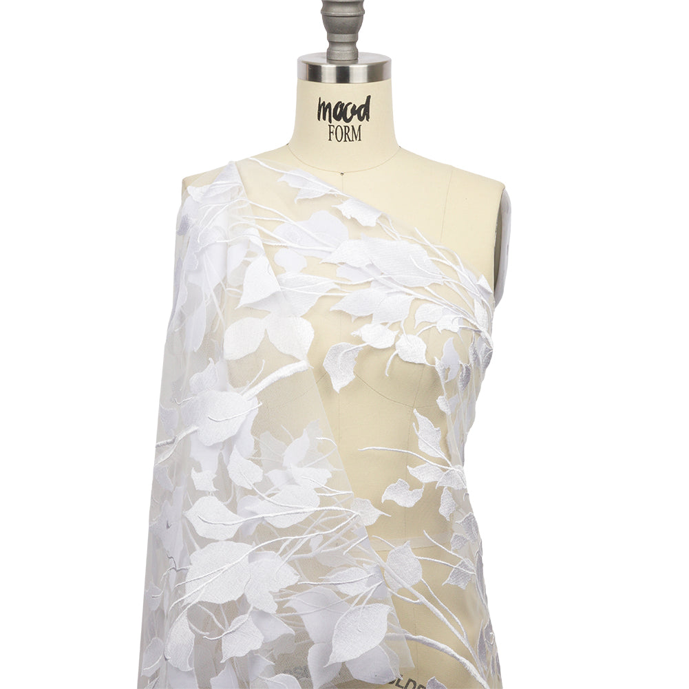 Magnolia White Leafy Branches Embroidered Tulle Lace - Detail