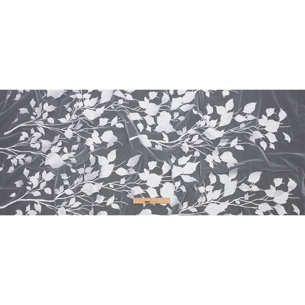 Magnolia White Leafy Branches Embroidered Tulle Lace - Drape