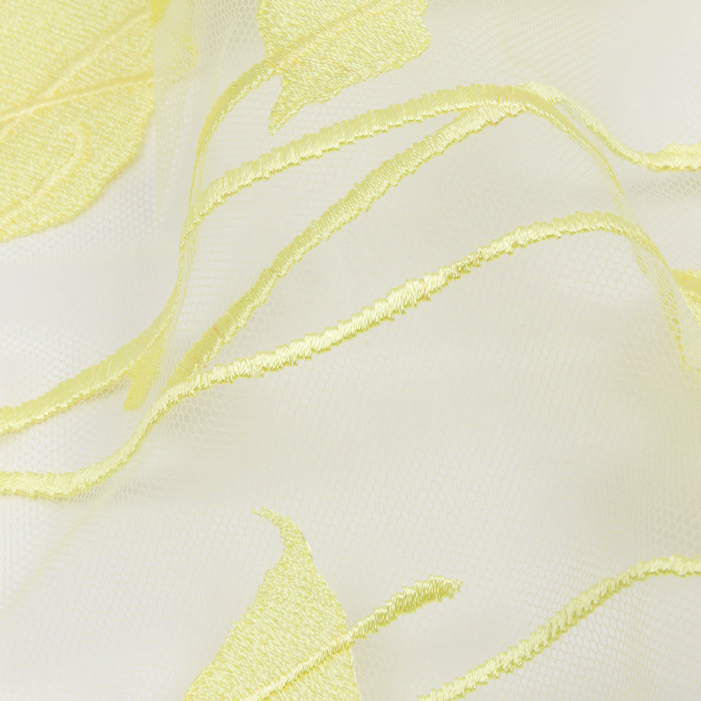 Magnolia Lemon Leafy Branches Embroidered Tulle Lace - Folded